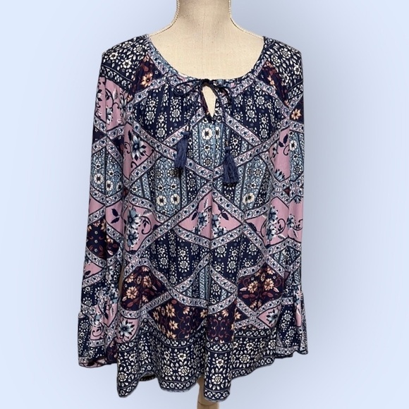 Style & Co peasant style blouse, pink & blue, XXL - Picture 1 of 5